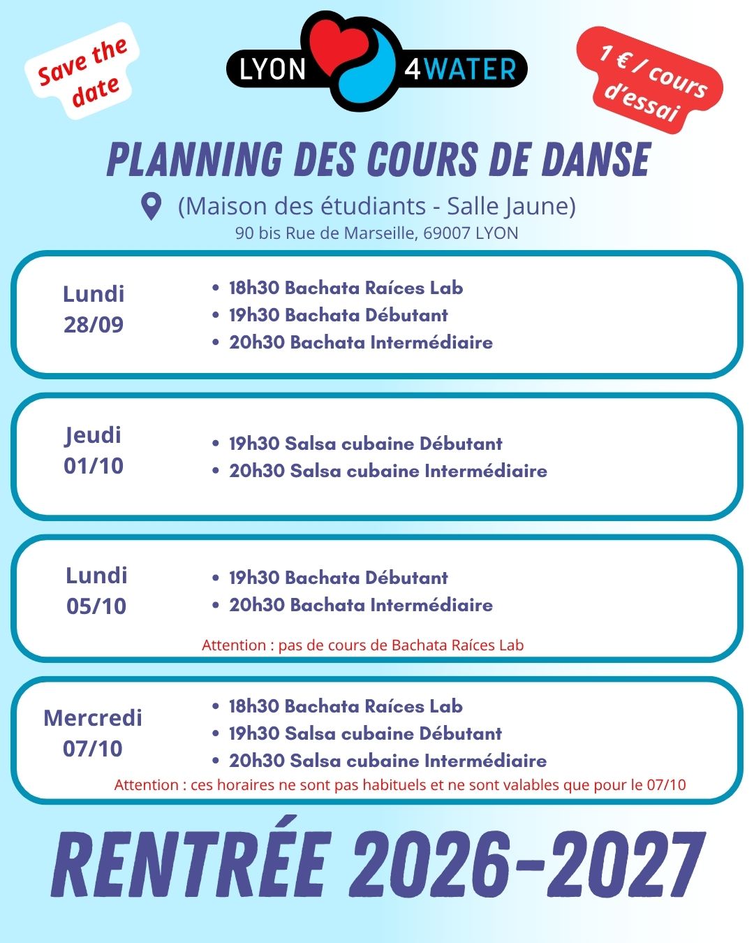 Dance4Water Lyon Open Days schedule, 28 September to 7 October 2026